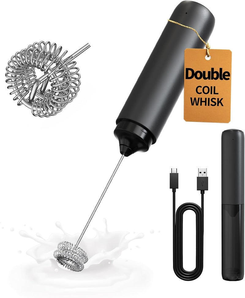 CircleJoy Rechargeable Milk Frother Hanheld, Dual Coil Whisk Head Electric Coffee Frother, Portable Hand Frother Wand Drink Mixer for Matcha Lattes Cappuccino, Kitchen Gifts, Black - Image 1